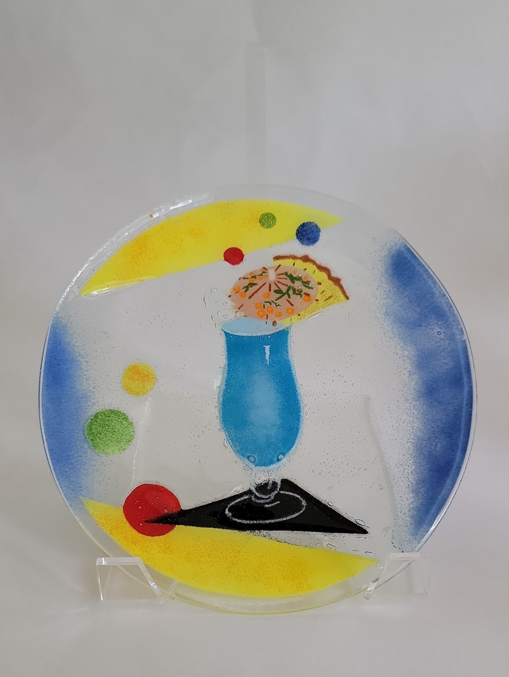 HANDMADE COLORFUL BLUE COCKTAIL GLASS ART PLATE - HOME ART